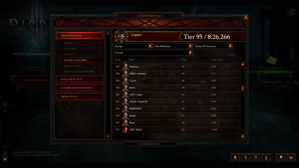 Diablo III Barbarian Season 39 Solo Leaderboard