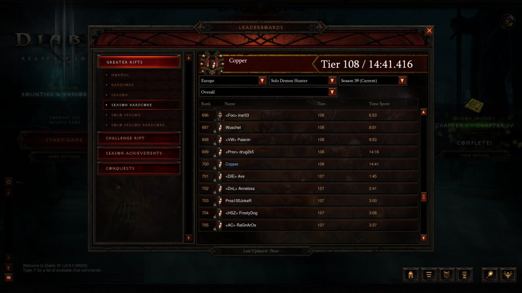 Diablo III Demon Hunter Season 39 Solo Leaderboard
